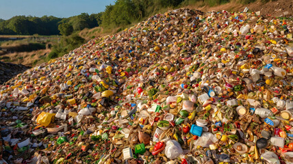 A large, sprawling landfill mound filled with a chaotic mix of various waste items, including plastics, food scraps, and other debris.
