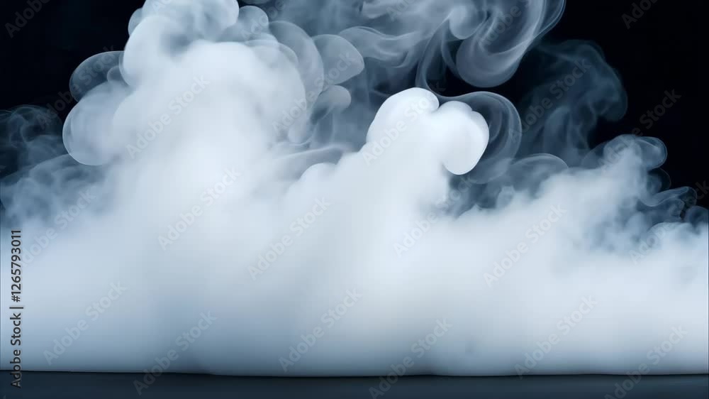 Poster swirling white smoke or fog rising against a dark background, creating a dynamic and ethereal visual