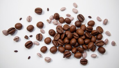 Obraz premium Close Up of Freshly Roasted Coffee Beans Scattered on White Surface
