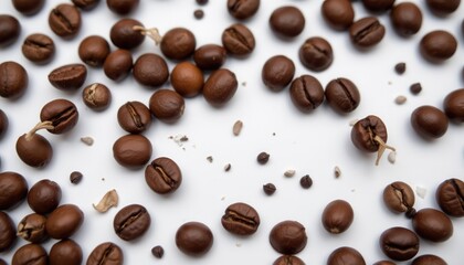 Obraz premium Close Up of Freshly Roasted Coffee Beans Scattered on White Surface