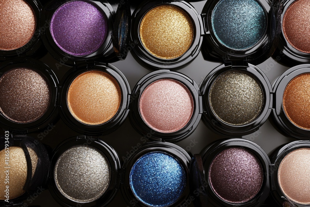 Poster bold metallic eyeshadow pots are artistically arranged, revealing an array of shimmering shades. the