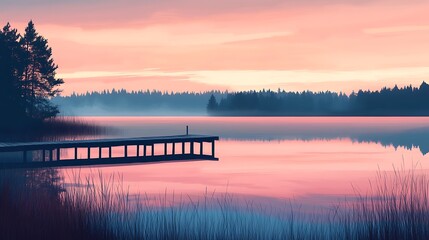 Serene Sunset Over Lake With Dock And Trees