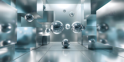 Futuristic metallic background with floating chrome spheres and reflective geometric surfaces, ideal for technology themes, modern designs, branding, digital art, and innovative visual concepts