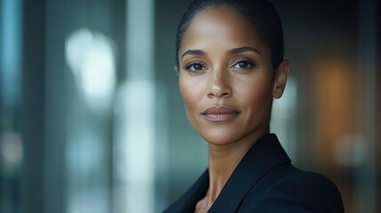 Confident black businesswoman exudes professionalism and leadership in a corporate setting.