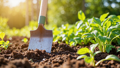 Garden hoe digging in vegetable garden at sunset, nurturing growth