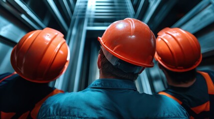 Three workers in orange helmets wait in an elevator, embodying a moment of anticipation and focus, crucial for safety in any operational environment.