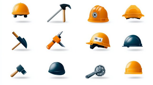 Collection of Construction Safety Helmets and Tools Icons Graphic