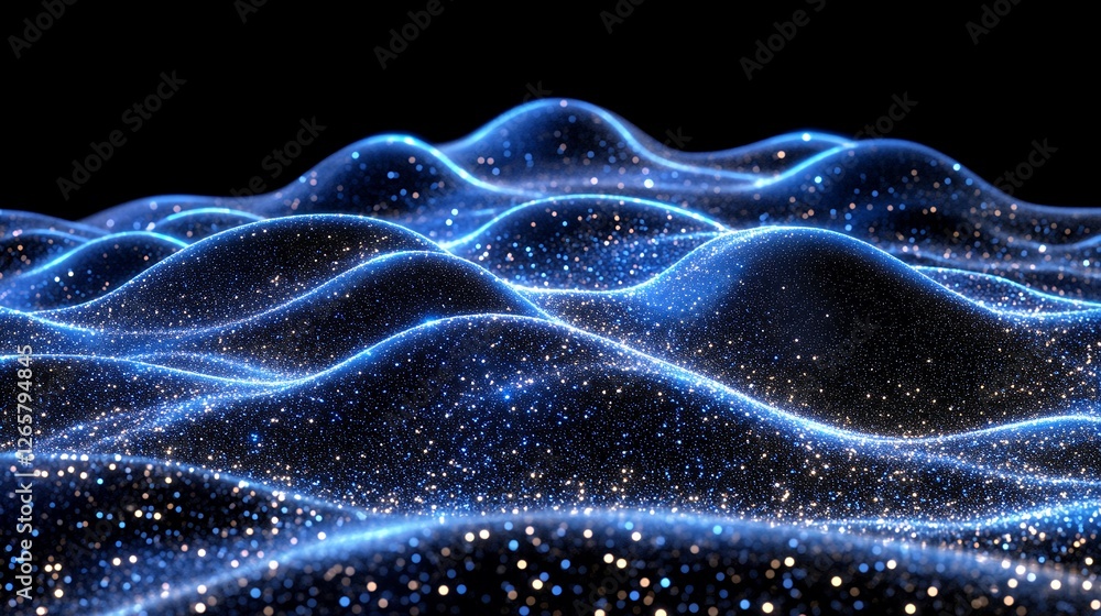 Poster abstract blue glowing particle waves digital background sparkling texture