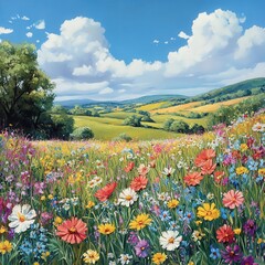 Fototapeta premium Vibrant Botanical Art of Colorful Wildflower Meadow under Blue Sky and Fluffy Clouds in Scenic Landscape