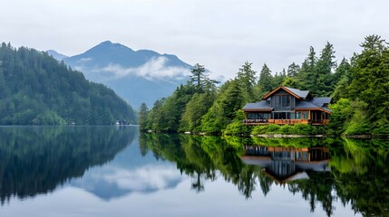 Fototapeta premium Lake House Reflection Mountain Forest Nature Landscape