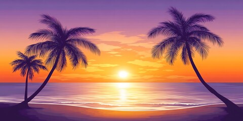 Fototapeta premium Serene Sunset at Tropical Beach Palm Trees Silhouette at Golden Hour