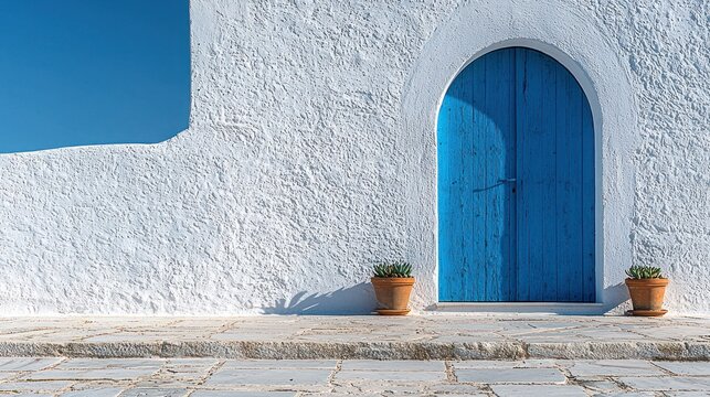 Blue door on white stucco building with potted plants near ocean. For travel blogs