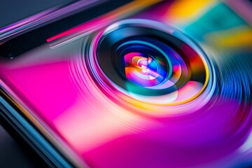 Capturing the essence of a smartphone camera lens, this artistic close-up highlights vibrant reflections and intricate details