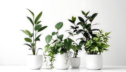 Indoor Plants in White Pots Grouped on White Surface Modern Style