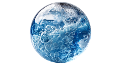 Blue Liquid Sphere Abstract Glass Orb, Clean Water Bubbles for Artistic Backgrounds, isolated on transparent background.