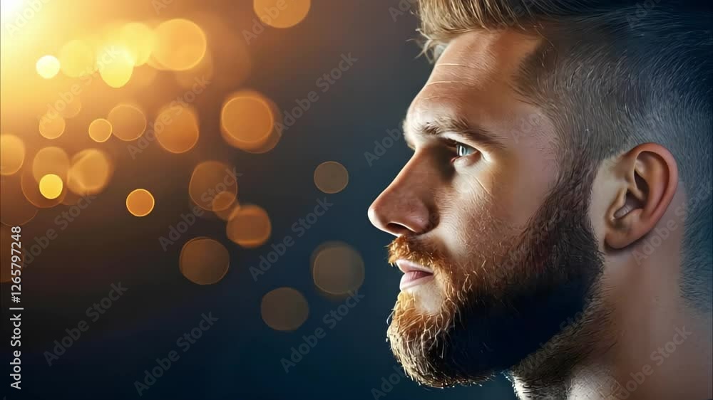 Poster a profile view of a man with a beard against a blurred background of warm bokeh lights.