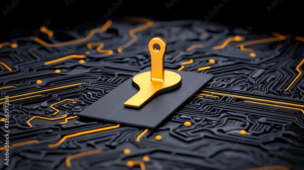 Poster golden key on black circuit board background representing security