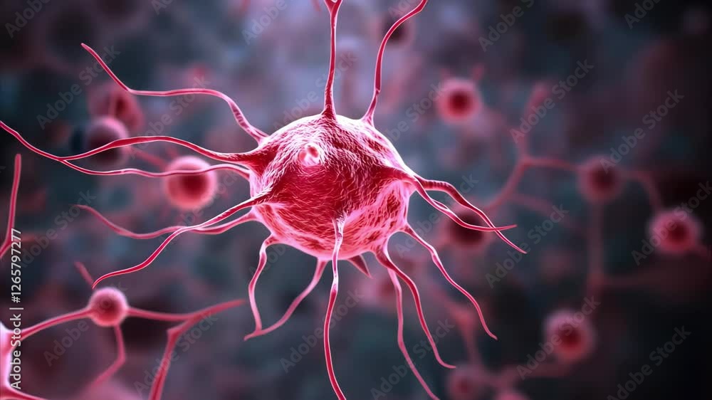Poster a close-up illustration of a neuron with elongated axons and dendrites, showcasing its cellular stru