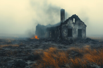 Fototapeta premium burning house in the middle of the ashes, the aftermath of the fires