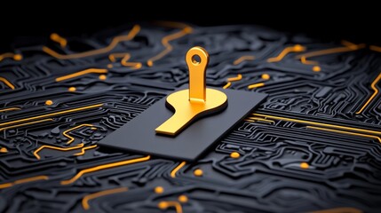 Golden Key on Black Circuit Board Background Representing Security
