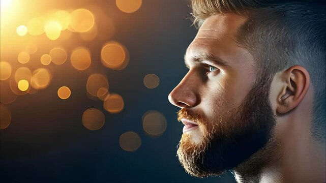 A profile view of a man with a beard against a blurred background of warm bokeh lights.