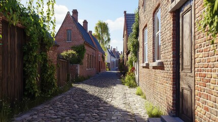 Sunny European cobblestone alleyway, historic buildings, lush greenery