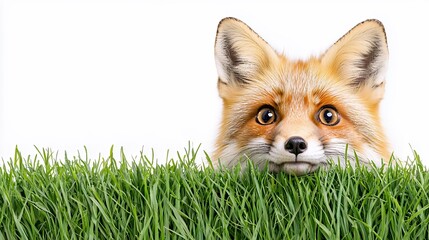 Curious Red Fox Peeking Over Lush Green Grass Against a Pristine White Background