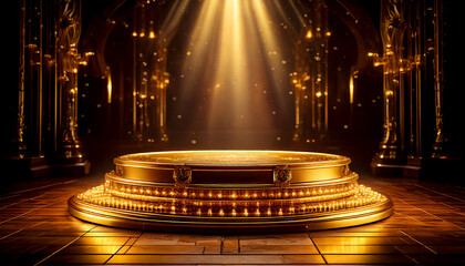 Empty stage, podium for advertising in the golden spotlight, romantic, elegance and sophistication in cinema style. Glamorous and to convey a sense of classic stardom