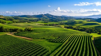Obraz premium A lush green landscape featuring rolling hills, vineyards, and wind turbines under a blue sky with scattered clouds. Concept Lush Green Landscape, Rolling Hills, Vineyards, Wind Turbines, Scenic Sky