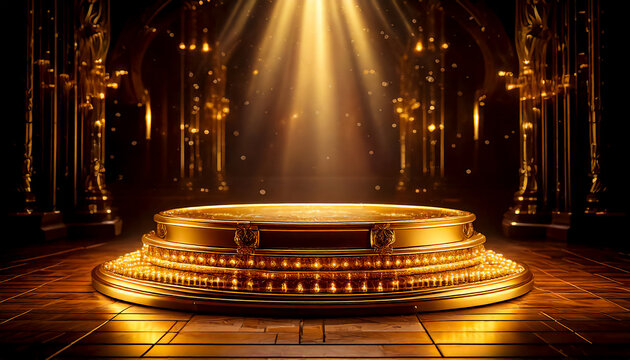 Empty stage, podium for advertising in the golden spotlight, romantic, elegance and sophistication in cinema style. Glamorous and to convey a sense of classic stardom
