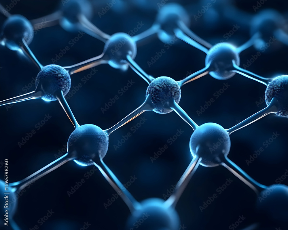Poster abstract nanotechnology grid structure with blue spherical nodes for research