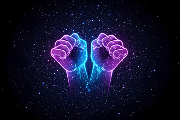 Abstract glowing hands held up high, celebrating success, on space, and for promotion