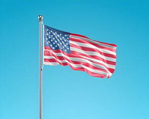 Obraz premium American flag waving, blue sky background. For patriotic themes, education