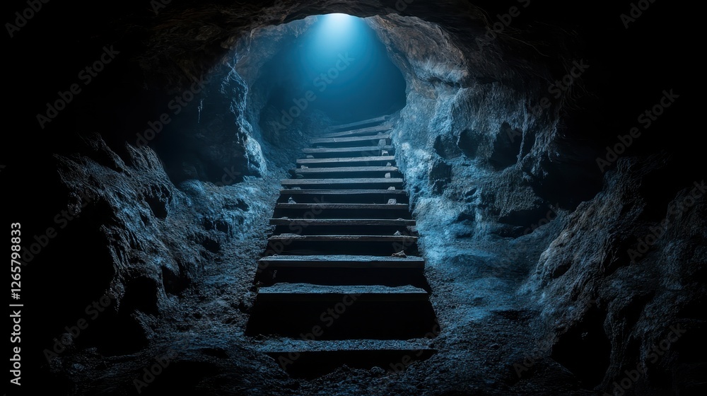 Aufkleber the image showcases a staircase within a cave that leads towards a brighter exit, creating a sense o