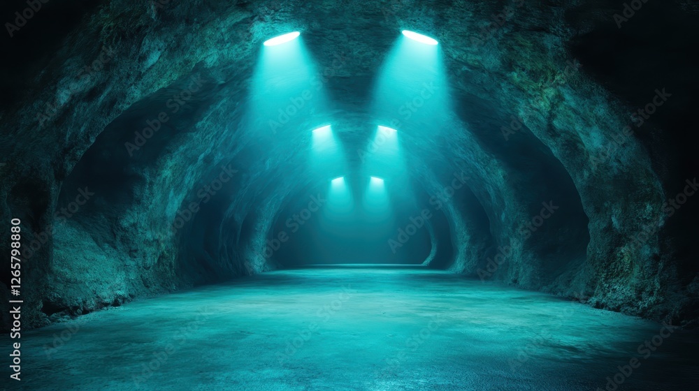 Aufkleber this image captures a dark cave illuminated by blue lights, creating an atmosphere of mystery and in