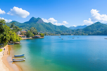 Obraz premium Serene lake view with boats and mountains under a clear blue sky 