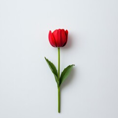 Obraz premium Vibrant Red Tulip Flower with Green Leaves Isolated on White Background for Elegant Floral Design
