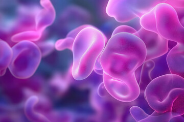 Vibrant purple and pink abstract shapes like microscopic organisms