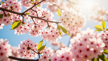 Blossoming tree swaying against pastel blue sky, early spring beauty