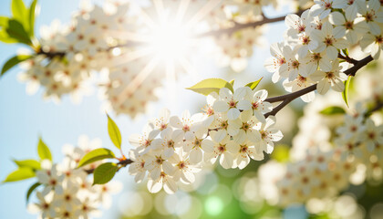 Obraz premium Delicate white blossoms shimmering in sunlight, early spring picnic