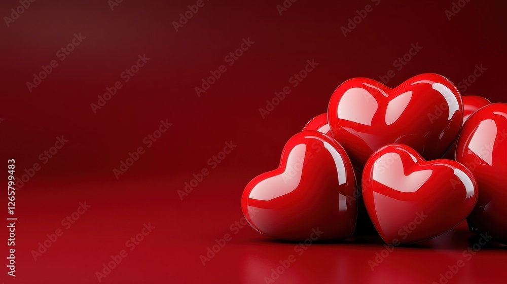 Poster this image features several glossy red hearts arranged artistically together on a vibrant red backgr