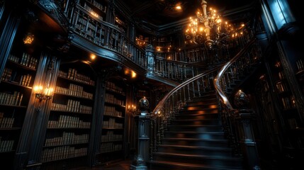 This captivating image showcases a grand library interior, featuring a magnificent spiral staircase surrounded by countless shelves filled with classic books.
