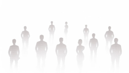 eleven blurry figures stand together in a hazy white background
