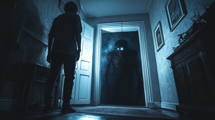A terrified person staring at a glowing shadowy monster emerging from a closet, chilling and suspenseful