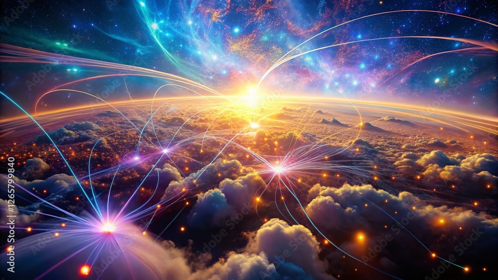 Poster futuristic cloud data system: abstract digital network flowing through cyberspace