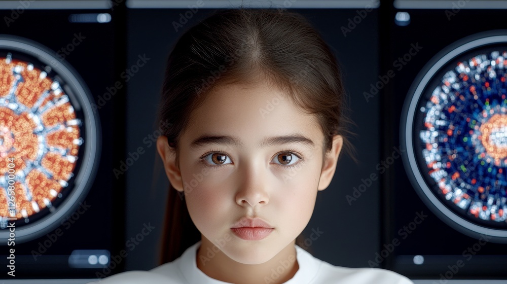Poster curious child surrounded by colorful scientific data visualizations
