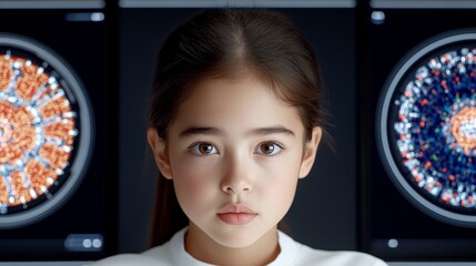 Curious Child Surrounded by Colorful Scientific Data Visualizations