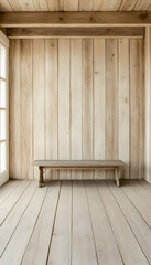 Fototapeta premium Bench stands alone in empty wood cabin with sunlight for relaxing or meditating