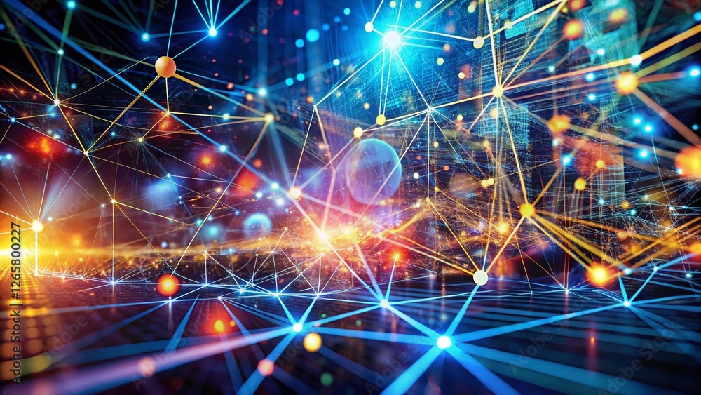 Poster futuristic digital interface: abstract network nodes & glowing lines