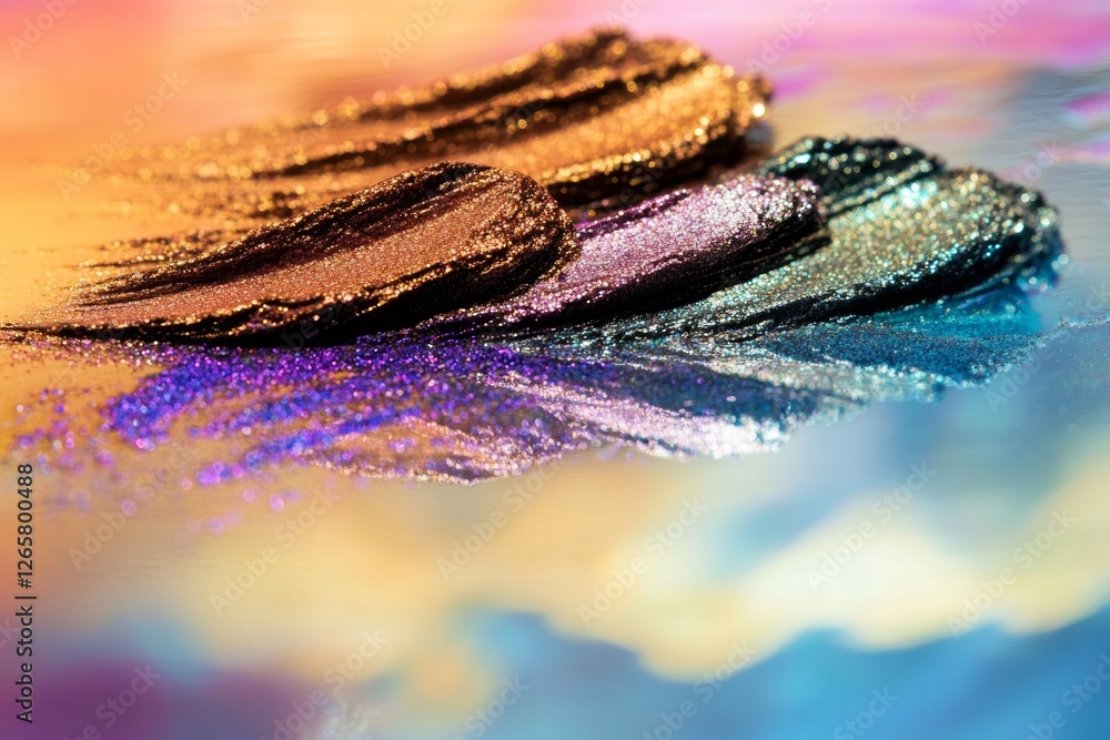 Poster artistic display of smudged metallic eyeshadow pigments creates a vibrant visualization on a reflect